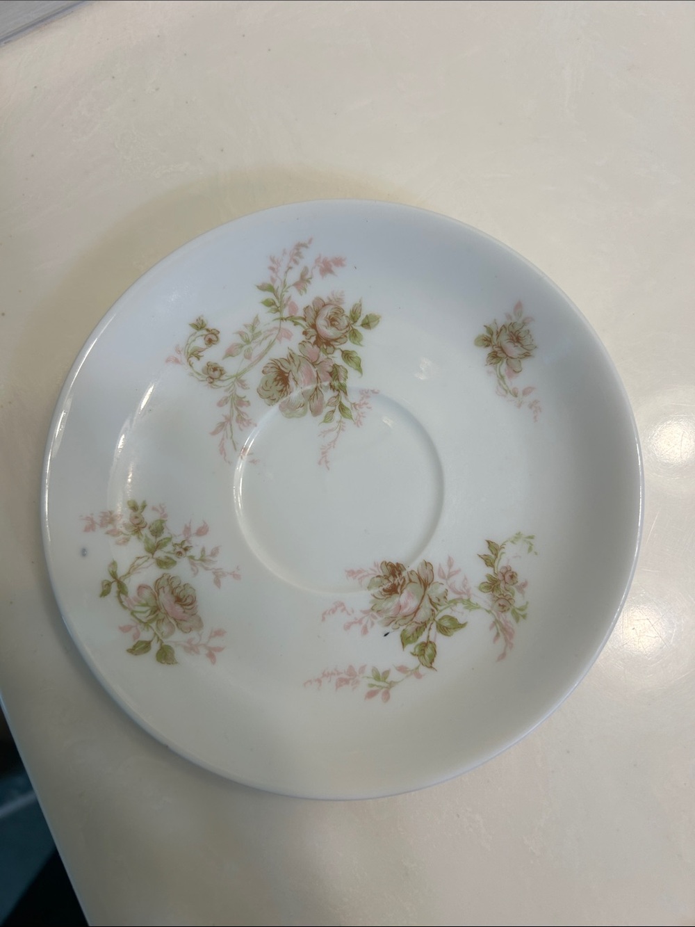 Elegant Floral Porcelain Saucer in White with Pink and Green Rose Motif
